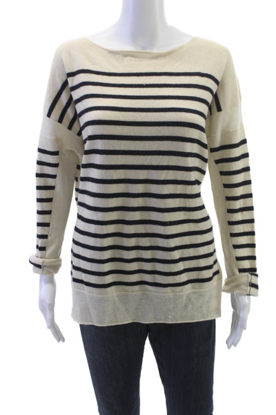 Vince Women Cashmere Striped Boat Neck Pullover Long Sleeve Beige Size L