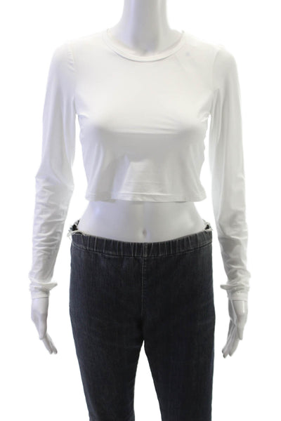 Beyond Yoga Women Cropped T-Shirt White Nylon Long Sleeve Crew Neck Size S
