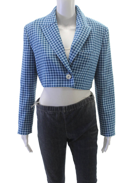 Zara Women Blue Plaid Viscose Blazer Button Long Sleeve Fall Size M