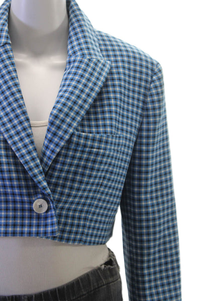 Zara Women Blue Plaid Viscose Blazer Button Long Sleeve Fall Size M