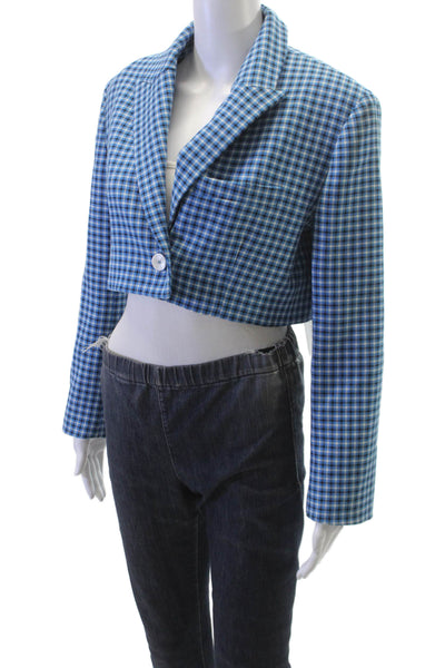 Zara Women Blue Plaid Viscose Blazer Button Long Sleeve Fall Size M