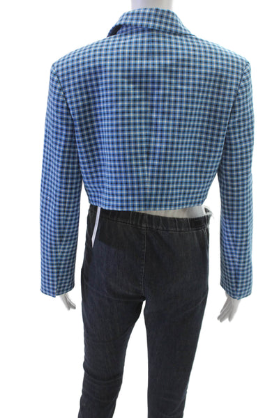 Zara Women Blue Plaid Viscose Blazer Button Long Sleeve Fall Size M