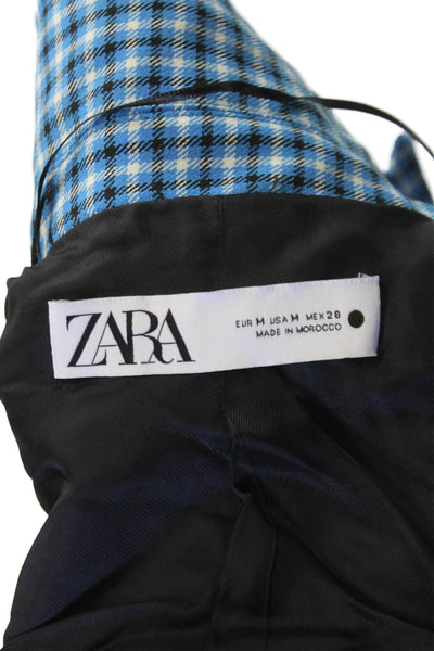 Zara Women Blue Plaid Viscose Blazer Button Long Sleeve Fall Size M