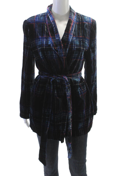 Zara Women Blazer Plaid Blue Tie Long Sleeve Polyester Fall Size L
