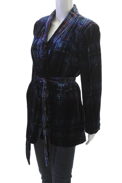 Zara Women Blazer Plaid Blue Tie Long Sleeve Polyester Fall Size L