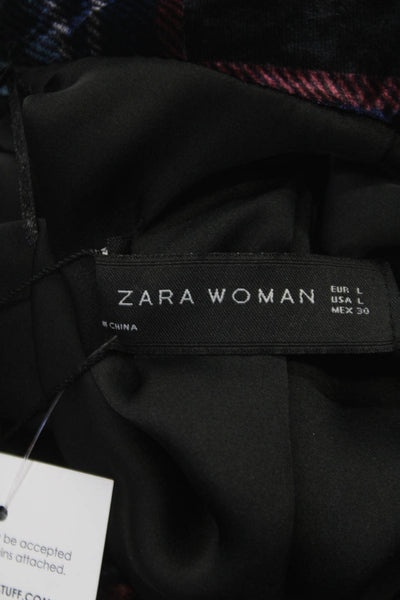 Zara Women Blazer Plaid Blue Tie Long Sleeve Polyester Fall Size L