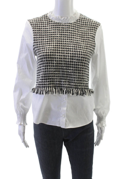 Zara Womens Black Check Mock Neck Long Sleeve Blouse Button Fall Size XS