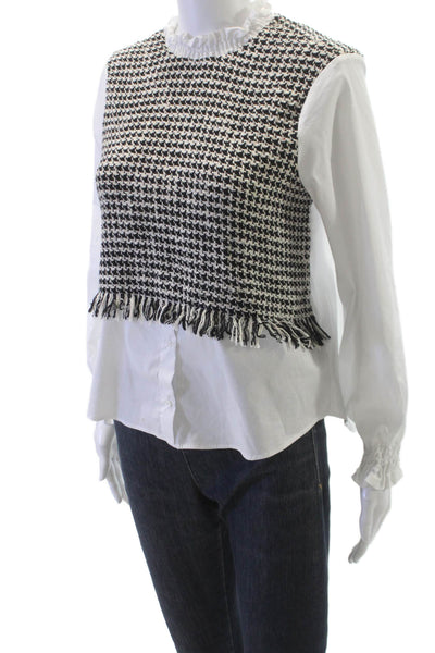 Zara Womens Black Check Mock Neck Long Sleeve Blouse Button Fall Size XS