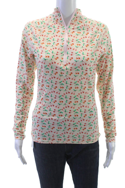 J Crew Women Quarter Zip Rash Guard Cherry Print Multicolor Long Sleeve Size M