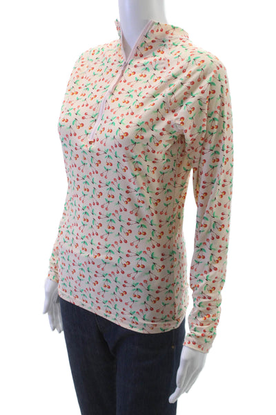 J Crew Women Quarter Zip Rash Guard Cherry Print Multicolor Long Sleeve Size M
