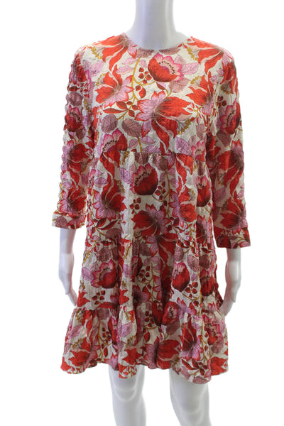 Zara Women Trapeze Swing Floral Short 3/4 Sleeve Dress Round Neck Size M