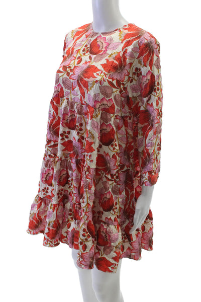 Zara Women Trapeze Swing Floral Short 3/4 Sleeve Dress Round Neck Size M