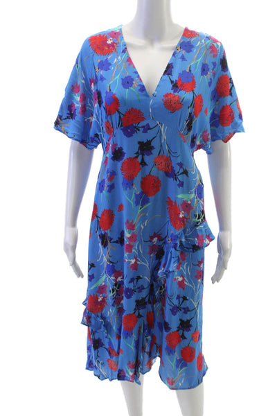 Zara Womens Shift Dress Blue Floral V Neck Short Sleeve Knee Length Size M