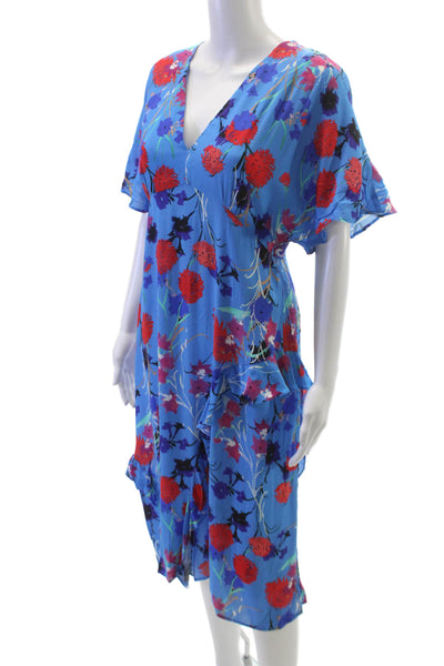 Zara Womens Shift Dress Blue Floral V Neck Short Sleeve Knee Length Size M