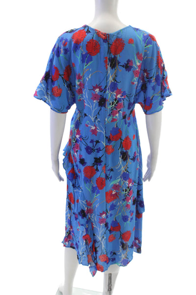 Zara Womens Shift Dress Blue Floral V Neck Short Sleeve Knee Length Size M