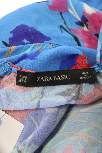 Zara Womens Shift Dress Blue Floral V Neck Short Sleeve Knee Length Size M