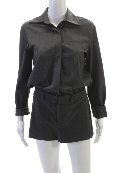 Zara Women Collared Long Sleeve Gray Polyester Romper Button Size XS
