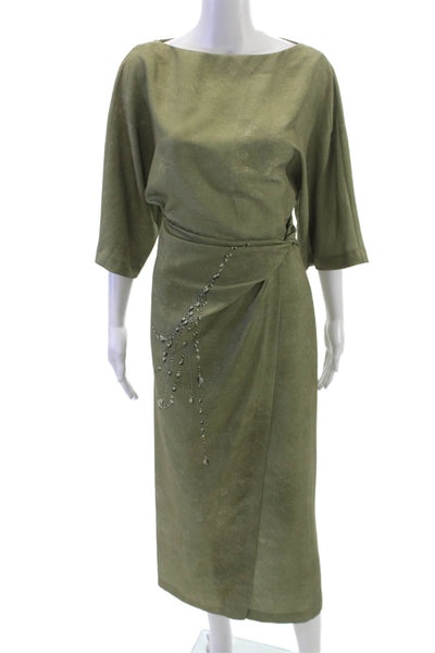 Zara Women Wrap Dress Green Boat Neck 3/4 Sleeve Mid-Calf Polyester Size XS
