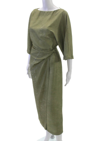 Zara Women Wrap Dress Green Boat Neck 3/4 Sleeve Mid-Calf Polyester Size XS