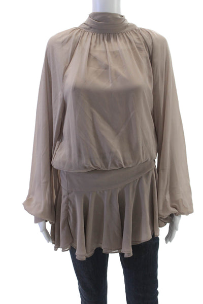 Zara Women Tunic Blouse Beige High Neck Long Sleeve Polyester Size XS