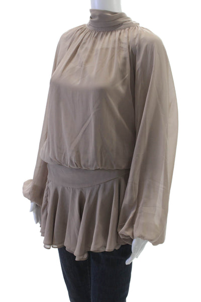 Zara Women Tunic Blouse Beige High Neck Long Sleeve Polyester Size XS