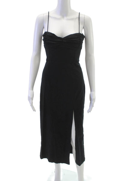 Zara Women Slip Dress Black Linen Sweetheart Tie Midi Sleeveless Size S