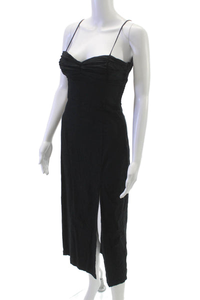 Zara Women Slip Dress Black Linen Sweetheart Tie Midi Sleeveless Size S