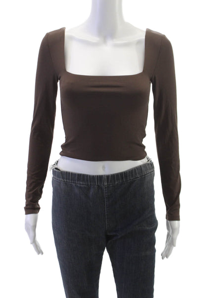 Babaton Womens Cropped Brown Nylon Square Neck Long Sleeve T-Shirt Size S