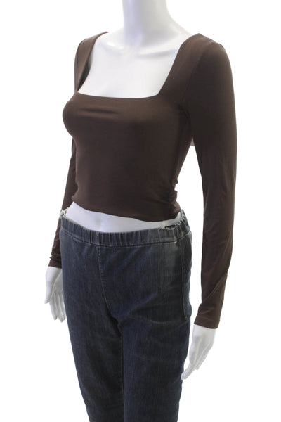 Babaton Womens Cropped Brown Nylon Square Neck Long Sleeve T-Shirt Size S
