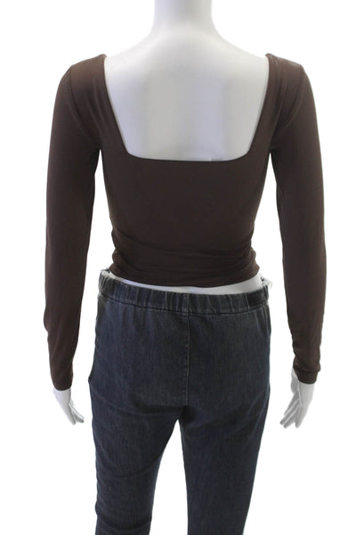 Babaton Womens Cropped Brown Nylon Square Neck Long Sleeve T-Shirt Size S