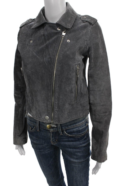 C&C California Womens Biker Leather Jacket Gray Zip Long Sleeve Size XS