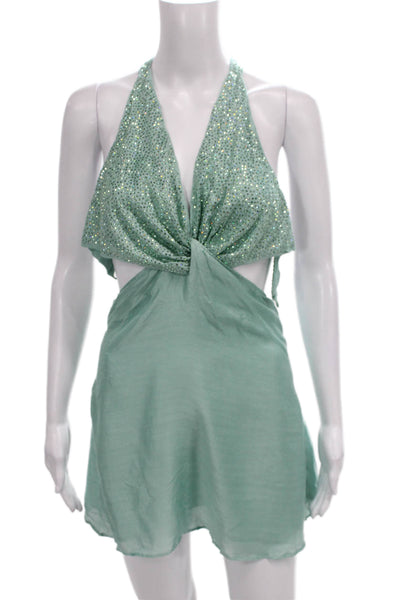 Sundress Women Halter Green Tie Sleeveless Modal Size XS