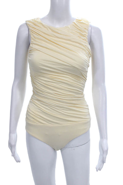 Abadia Womens One Piece Bodysuit Ivory Bamboo Round Neck Sleeveless Size 2XS