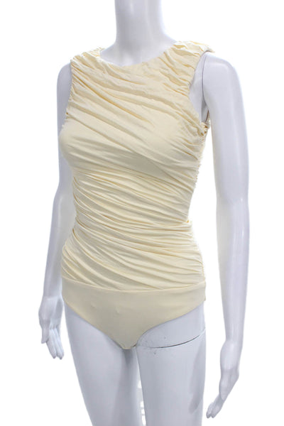 Abadia Womens One Piece Bodysuit Ivory Bamboo Round Neck Sleeveless Size 2XS