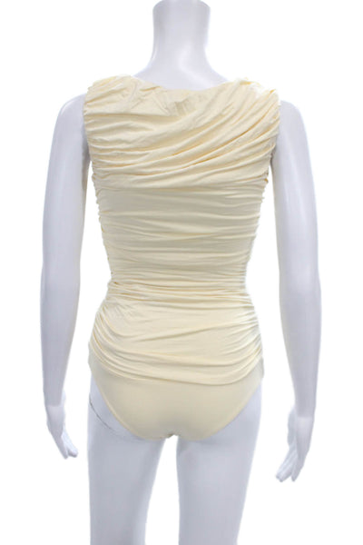 Abadia Womens One Piece Bodysuit Ivory Bamboo Round Neck Sleeveless Size 2XS