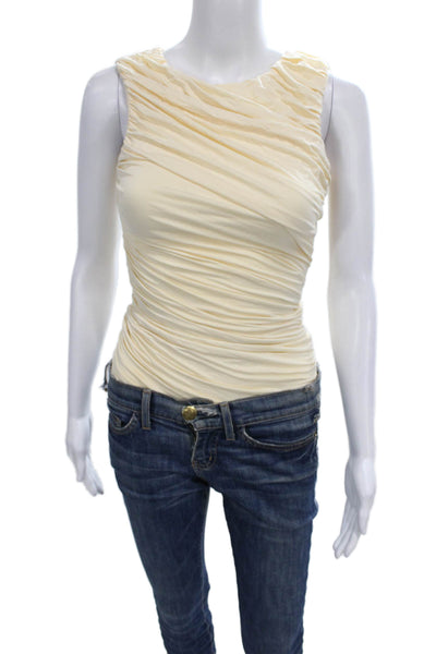 Abadia Womens One Piece Bodysuit Ivory Bamboo Round Neck Sleeveless Size 2XS