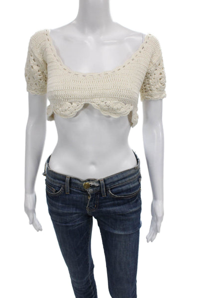 akoia Women Cropped Blouse Ivory Scoop Neck Cotton Short Sleeve Size S