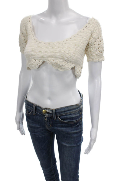 akoia Women Cropped Blouse Ivory Scoop Neck Cotton Short Sleeve Size S