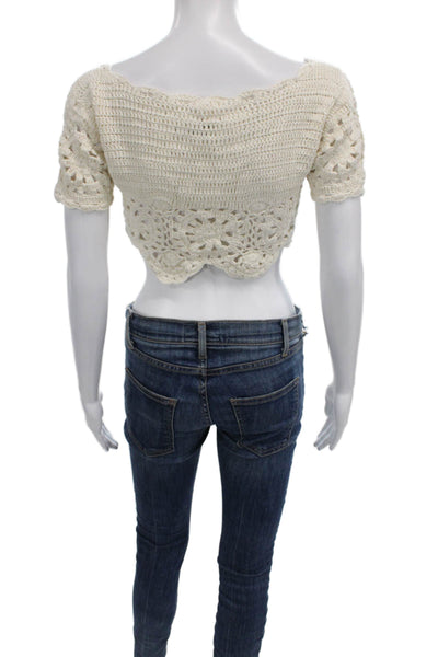 akoia Women Cropped Blouse Ivory Scoop Neck Cotton Short Sleeve Size S
