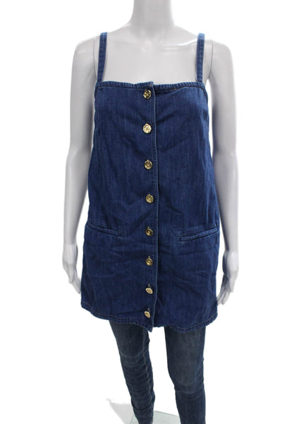 J Crew Womens Overall Dress Blue Cotton Square Neck Sleeveless Button Size XS
