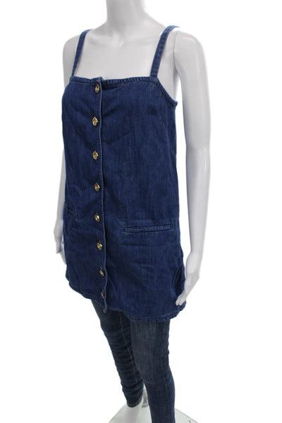 J Crew Womens Overall Dress Blue Cotton Square Neck Sleeveless Button Size XS