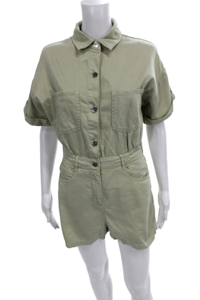 Zara Women Collared Short Sleeve Green Cotton Romper Button Size S