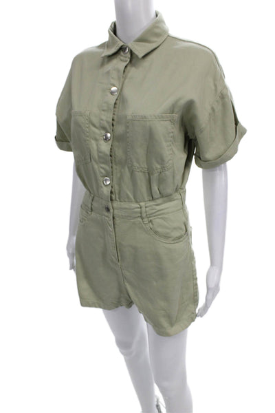 Zara Women Collared Short Sleeve Green Cotton Romper Button Size S