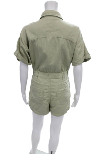 Zara Women Collared Short Sleeve Green Cotton Romper Button Size S