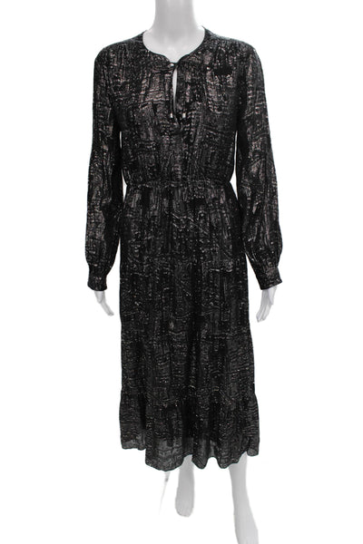 Ba&Sh Womens Fit & Flare Black Silk Blend Long Sleeve Geometric Dress Size M