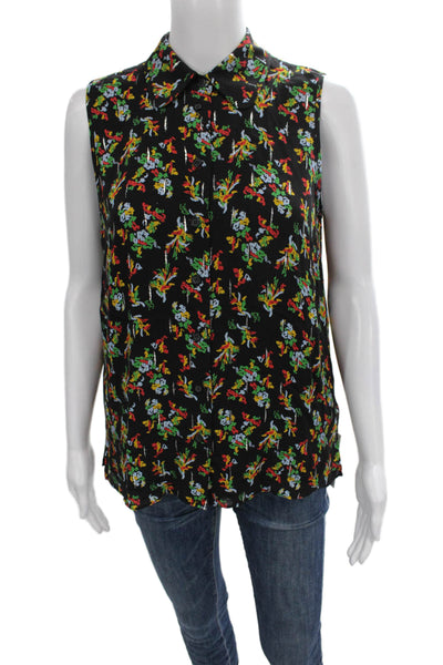 Lafayette 148 New York Women Button Down Floral Blouse Black Sleeveless Size S