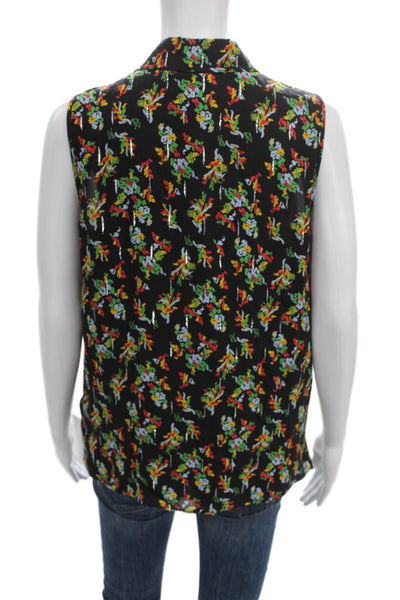 Lafayette 148 New York Women Button Down Floral Blouse Black Sleeveless Size S