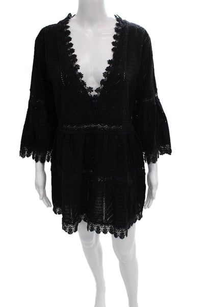 Melissa Odabash Women Shift Dress Black V Neck 3/4 Sleeve Knee Length Size S