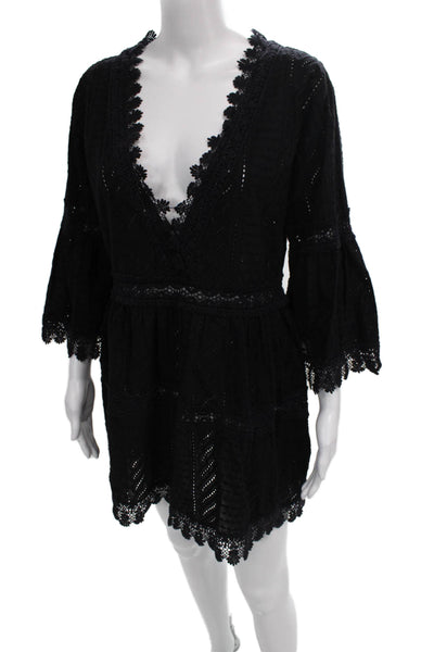 Melissa Odabash Women Shift Dress Black V Neck 3/4 Sleeve Knee Length Size S
