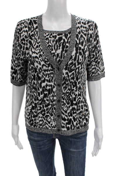 Jones New York Womens Black Animal Print V-Neck Short Sleeve Sweater Size M